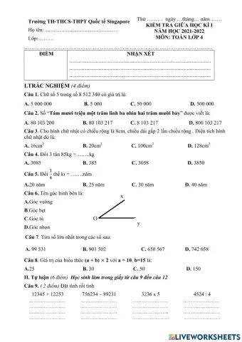 Đề thi toán giữa kì lớp 4