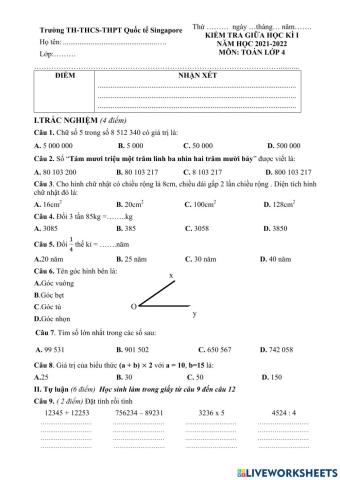 Đề thi toán giữa kì lớp 4