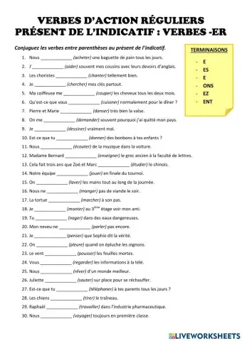 Présent de l'indicatif: Verbes d'action réguliers (-ER)