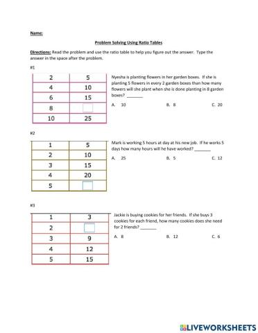 Problem Solving Using Ratio Tables Worksheet