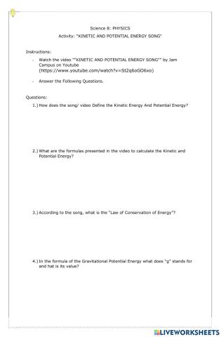 Activity: KINETIC AND POTENTIAL ENERGY song