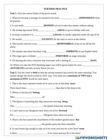 Sentence transformation - Word formation
