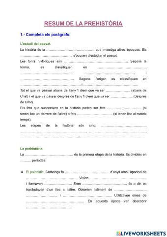 LA PREHISTÒRIA - Completa el resum