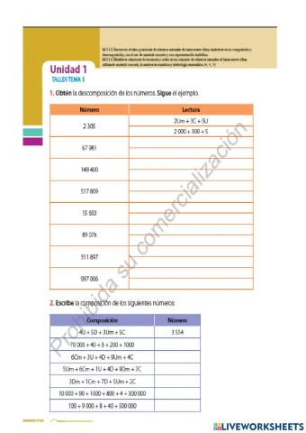 DESCOMPOSICIÓN DE NUMEROS NATURALES DE 6 CIFRAS