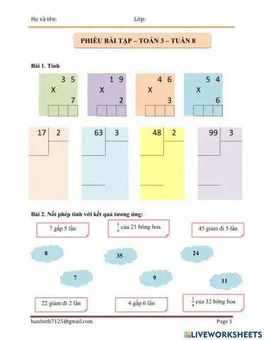 Phiếu bài tập toán 3. tuần 8