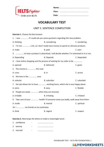 VOCAB TEST 5. UNIT 5. Sentence completion