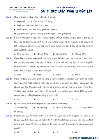 Sinh 12 - Bài 9. Qui luật phân li độc lập