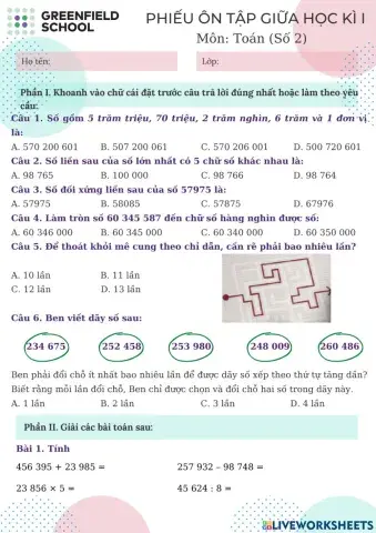 Phiếu ôn toán gki số 2