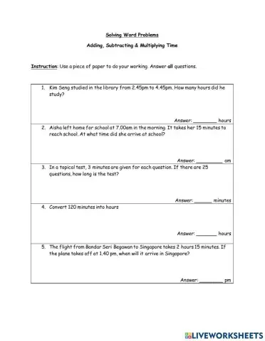 Word Problems on Time