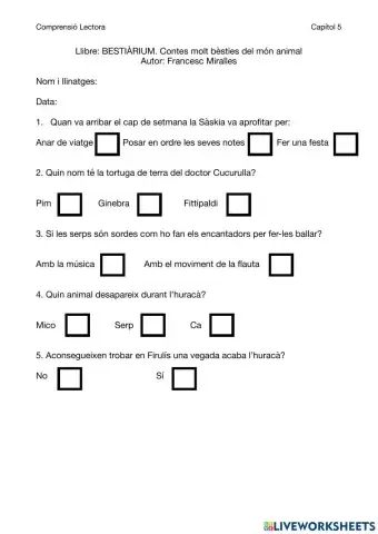 Comprensió lectora capítol 5 llibre Bestiàrium