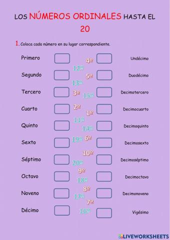 Numeración: los números ordinales hasta el 20º