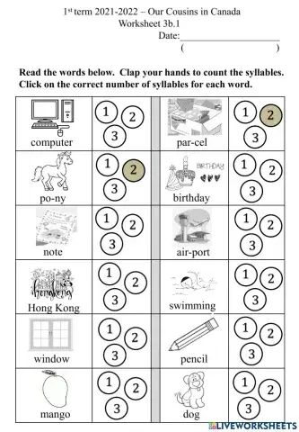 3b.1 Syllables Worksheet