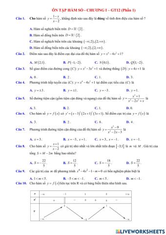 Ôn Giải tích 12 - Chương I - Phần 2