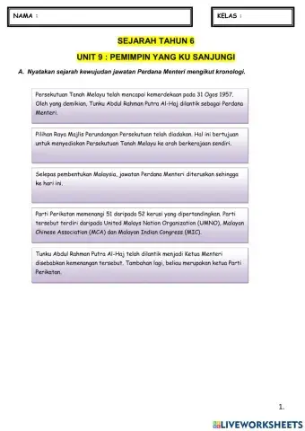 Sejarah Tahun 6 Unit 9 : Pemimpin Negara yang Kusanjungi