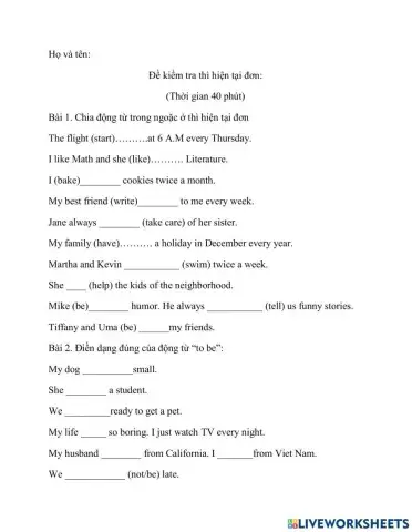 Đề kiểm tra thì hiện tại đơn