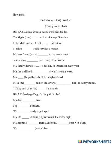 Đề kiểm tra thì hiện tại đơn