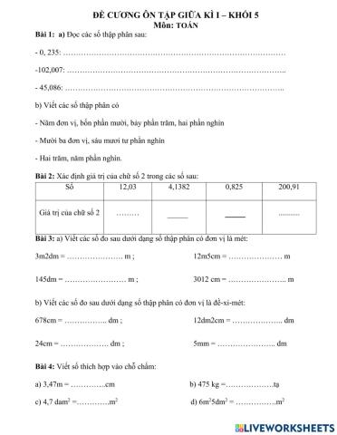 Đề cương ôn tập môn Toán