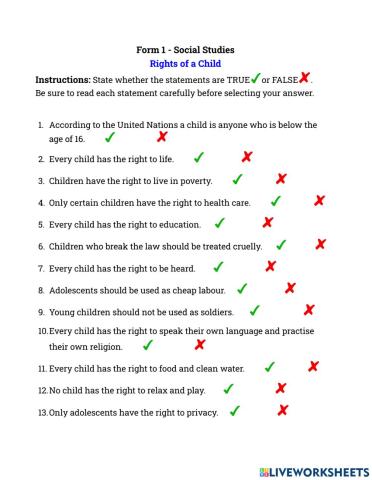 Rights of a Child Worksheet
