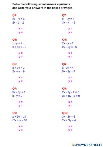 Solving Simultaneous Equations Worksheet With Answers