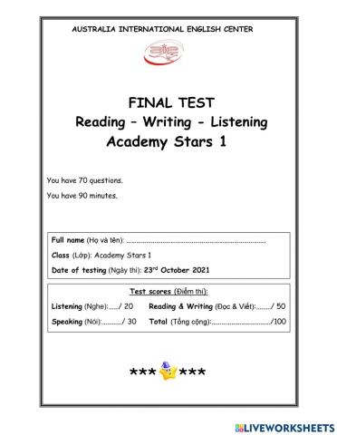 AS1 Reading - Writing Final test - MS KIM