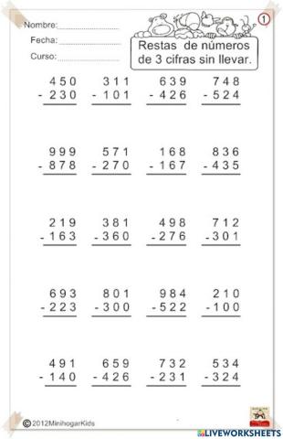 Resta de 3 cifras sin llevar