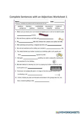 Complete Sentences with Adjectives Worksheet 1