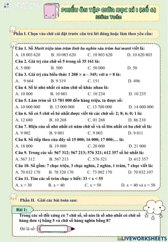 Phiếu ôn tập giữa HKI môn Toán số 6