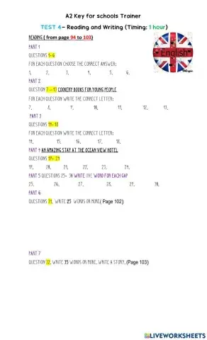 A2 key for schools Trainer READING TEST 4 - Answer sheet