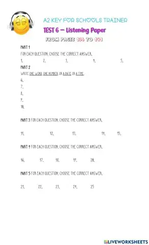 A2 key for schools Trainer- listening test 6- Answer sheet