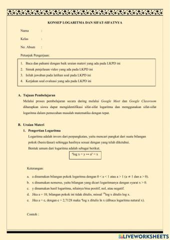 LKPD Sifat-Sifat Logaritma