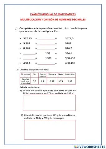 Examen mensual matemáticas