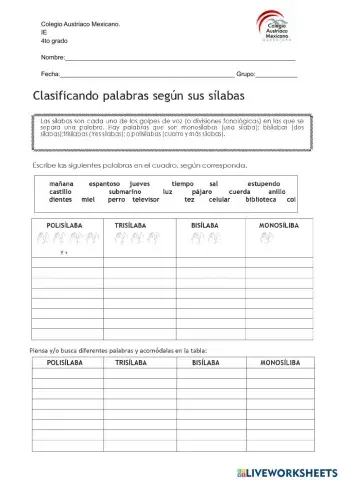 Clasificación de sílabas.