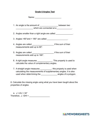 Grade 6 Angles Test
