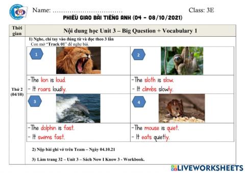 Phiếu giao bài - October - Week 1