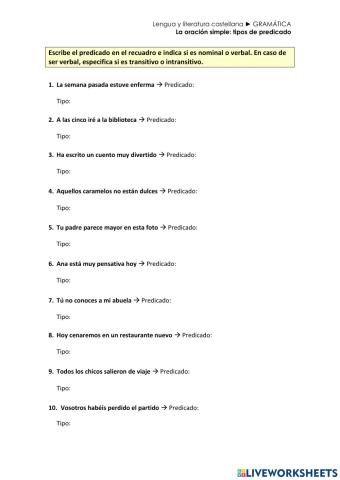 La oración: tipos de predicado