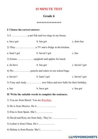 15-Minute Test (Grade 6)
