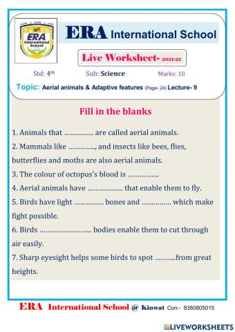 4th- SCIENCE - L- 3. Aerial animals & Adaptive features (page- 24) LEC- 9