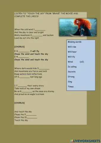 T1 song worksheet touch the sky brave movie