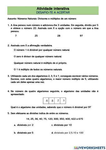 Números naturais: Múltiplos e divisores de um número