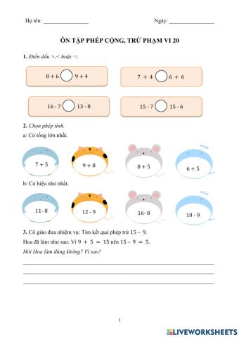 Ôn tập phép cộng, trừ phạm vi 20