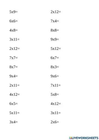 Tablas salteadas 1, 2, 3, 4, 5, 6, 7, 8 y 9