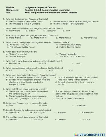 Reading CLB 3.4 CI - Questions about Indigenous Peoples of Canada