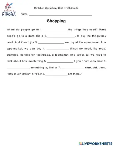 Dictation Worksheet Fift Grade Unit 1