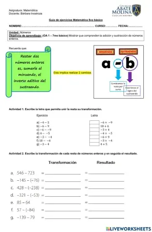 Guía de ejercicios sobre resta de números enteros