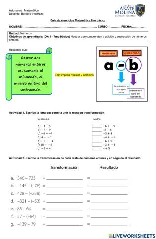 Guía de ejercicios sobre resta de números enteros
