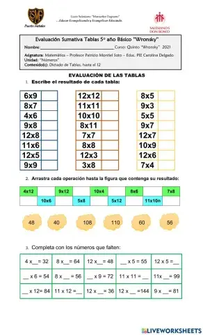 Tablas del 1 al 12