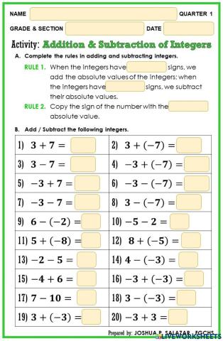 Addition and Subtraction of Integers