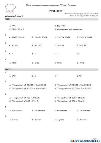 EIS P4 Post-test Math by Teacher Gym
