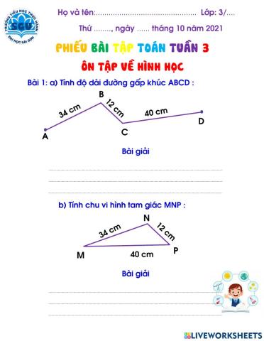 TOÁN 3 TUẦN 3 ÔN TẬP VỀ HÌNH HỌC, ÔN TẬP VỀ GIẢI TOÁN