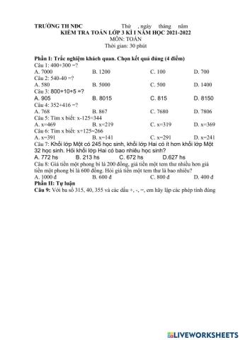 Cộng, trừ các số có 3 chữ số (không nhớ)